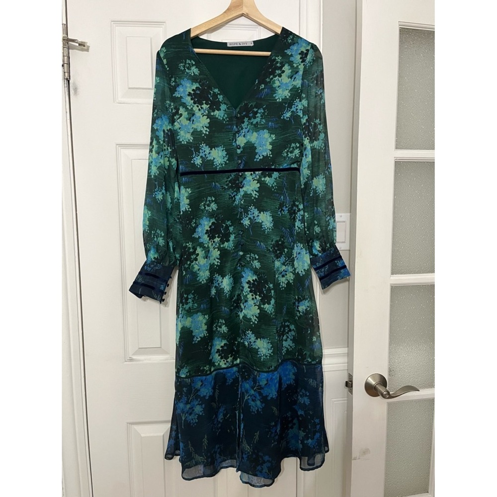 Hope & Ivy Dark Green Blue Floral Midi Dress Velvet Trim V-Neck Long Sleeve 8